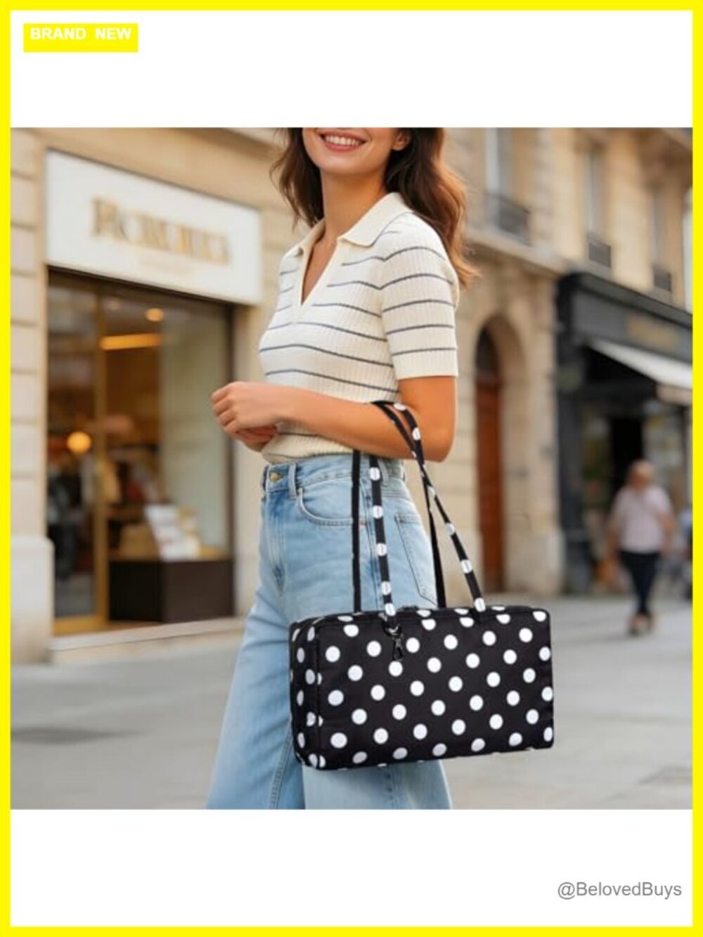 Nylon Polka Dot Bowler Top Handle Tote Bag with Key Leash - Picture 3 of 7